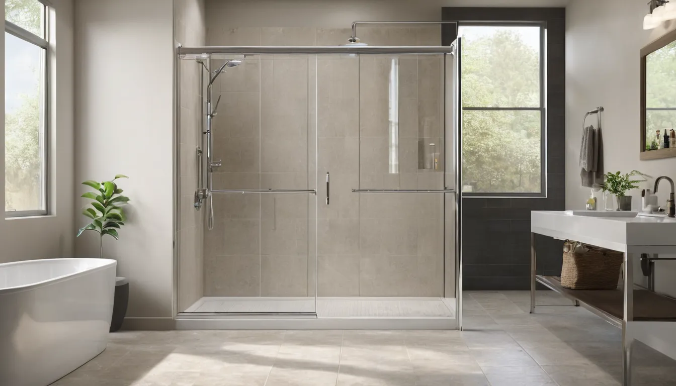 Bright, modern walk-in shower with a bench and grab bar in a Powder Springs home