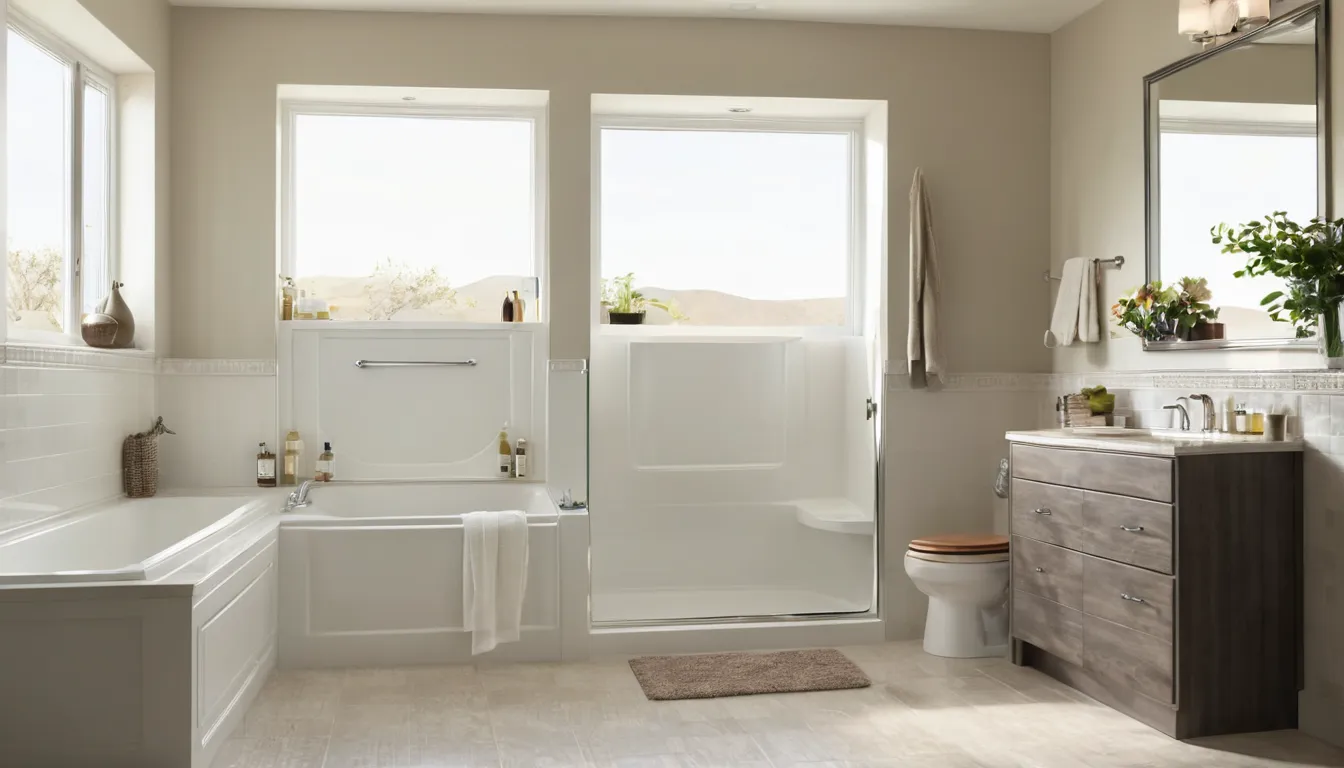 Bright bathroom in the Powder Springs area with a newly installed walk-in tub, a built-in seat and a grab bar